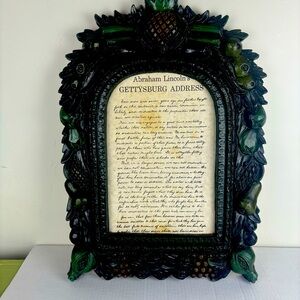 Vintage faux-carved wood fruit framed-parchment  Gettysburg Address unique find!